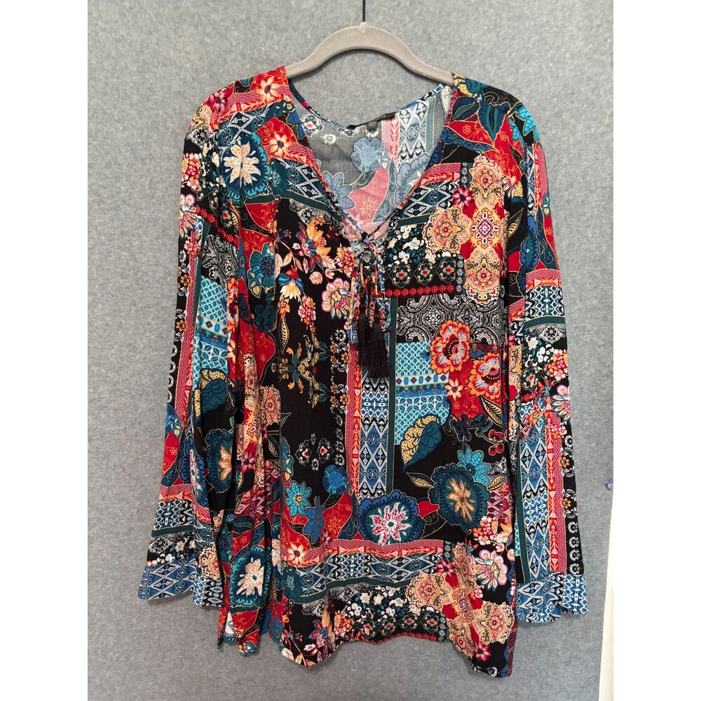 Laurel Grey Patchwork Boho Blouse XXL Tassel Tie Floral Festival‎ Top Artsy Edgy
